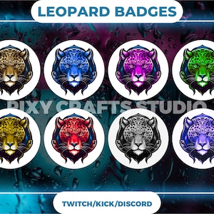 May include: Set of 8 leopard head badges in different colors, including yellow, red, blue, green, purple, black, and white. The badges are circular and feature a leopard head with a fierce expression. The text "LEOPARD BADGES" is at the top of the image, and the text "TWITCH/KICK/DISCORD" is at the bottom.