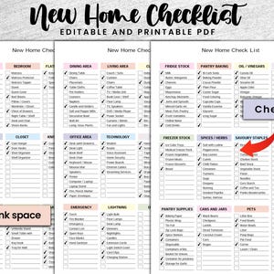 May include: A printable checklist for new homeowners. The checklist is divided into categories such as kitchen, bedroom, dining area, living area, fridge stock, pantry baking, oil/vinegars, others, diningware, closet, office area, technology, freezer stock, spices/herbs, savory staples, pantry supplies, cans and jars, and pets. Each category has a list of items to check off. The checklist is designed to help new homeowners get organized and make sure they have everything they need for their new home.