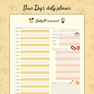 Peut inclure: Un planificateur quotidien imprimable pour les propriétaires de chiens. Le planificateur a un fond jaune avec un motif d'os de chien. Le planificateur comprend des sections pour la planification, les plans de repas, la liste des choses à faire et les notes. Le planificateur a une illustration mignonne de chien en haut.