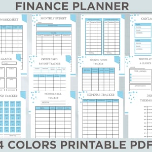 May include: Printable finance planner with pages for budgeting, debt tracking, expense tracking, and more. The pages are designed with a blue and white colour scheme and feature a polka dot pattern.