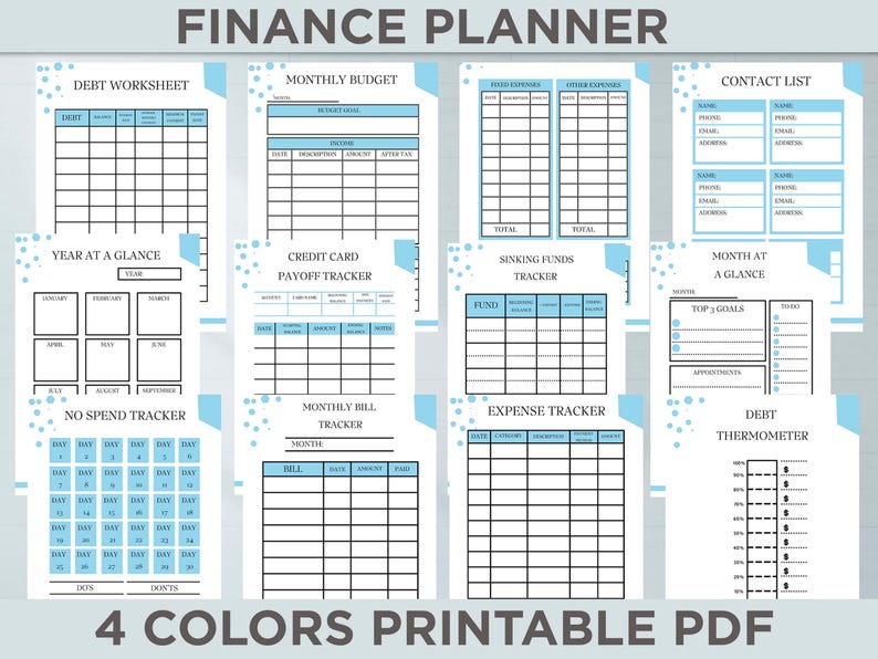 May include: Printable finance planner with pages for budgeting, debt tracking, expense tracking, and more. The pages are designed with a blue and white colour scheme and feature a polka dot pattern.