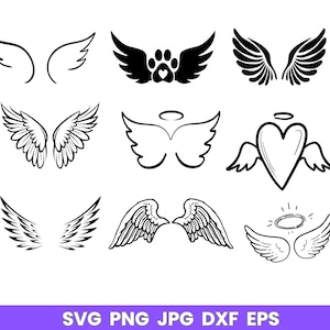 May include: A set of nine black and white angel wing SVG cut files. The wings are in various styles, including a pair with a paw print in the centre, a pair with a heart in the centre, and a pair with a halo above them.
