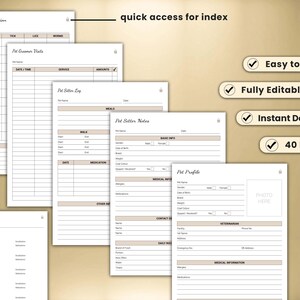 May include: Printable pet sitter log with sections for parasite prevention, pet owner notes, pet sitter log, pet sitter notes, and pet profile. The log includes sections for dates, times, services, amounts, meals, medication, basic info, medical info, contact info, daily routine, and veterinary information. The log is 40 pages long and is fully editable.