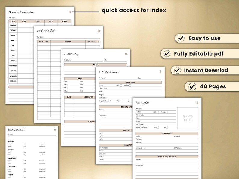 May include: Printable pet sitter log with sections for parasite prevention, pet owner notes, pet sitter log, pet sitter notes, and pet profile. The log includes sections for dates, times, services, amounts, meals, medication, basic info, medical info, contact info, daily routine, and veterinary information. The log is 40 pages long and is fully editable.