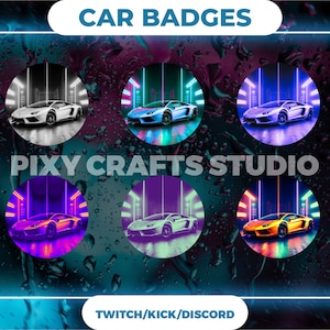 Puede incluir: Seis insignias de coche diferentes con un Lamborghini negro, blanco, verde, azul, morado y amarillo en un entorno de luz de neón. El texto "CAR BADGES" está en la parte superior de la imagen y "PIXY CRAFTS STUDIO" está en el medio de la imagen. El texto "TWITCH/KICK/DISCORD" está en la parte inferior de la imagen.