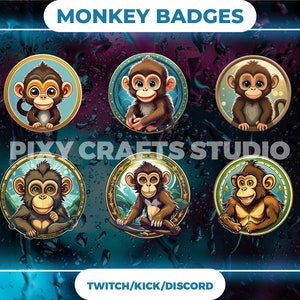 May include: Six colorful badges featuring cartoon monkeys with different expressions. The badges have a gold border and a blue background with a white outline. The text "MONKEY BADGES" is at the top of the image and "TWITCH/KICK/DISCORD" is at the bottom.