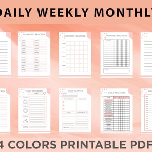 May include: Printable planner pages with a pink and white colour scheme. The pages include sections for notes, password tracking, monthly planning, daily checklists, daily routines, and daily schedules.