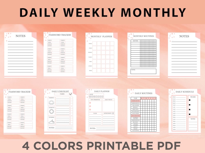 May include: Printable planner pages with a pink and white colour scheme. The pages include sections for notes, password tracking, monthly planning, daily checklists, daily routines, and daily schedules.