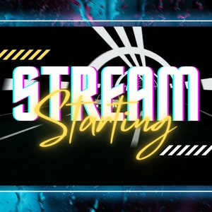 May include: A black and white graphic with the text "STREAM STARTING" in a glitchy, neon font. The background is a blurry image of a highway tunnel with a white circle in the center.