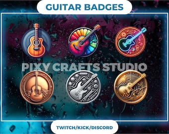 6x Guitars Stream Badges | Loyalty Badges | Twitch Badges | Music Badges | Electric Guitar Badges.