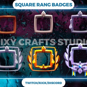 May include: Six square-shaped badges with different coloured frames and designs. The frames are gold, silver, purple, and brown. The badges have a white background and a diamond-shaped design at the top. The text "PIXY CRAFTS STUDIO" is in the centre of the image. The text "SQUARE RANK BADGES" is at the top of the image. The text "TWITCH/KICK/DISCORD" is at the bottom of the image.