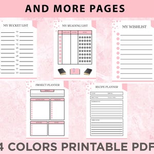 May include: Printable planner pages with a pink background and black text. The pages include a bucket list, reading list, wishlist, project planner, and recipe planner.