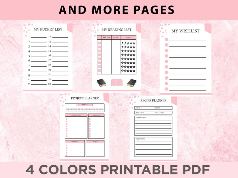 May include: Printable planner pages with a pink background and black text. The pages include a bucket list, reading list, wishlist, project planner, and recipe planner.