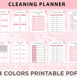 May include: Printable cleaning planner with pink and white design. Includes checklists for daily, weekly, and monthly cleaning tasks, a laundry schedule, and a cleaning schedule chart.
