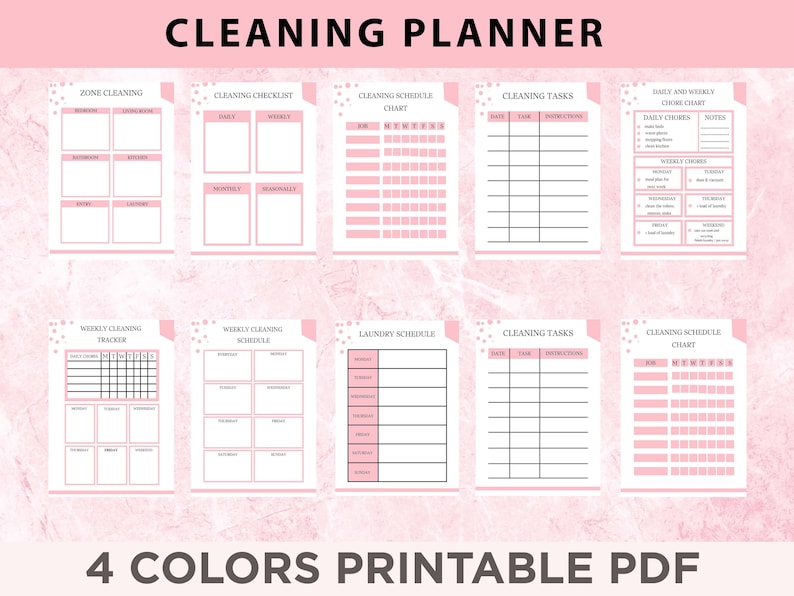 May include: Printable cleaning planner with pink and white design. Includes checklists for daily, weekly, and monthly cleaning tasks, a laundry schedule, and a cleaning schedule chart.