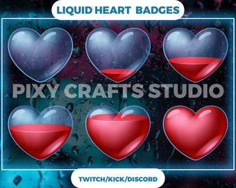 6 Liquid Heart Twitch Badges | Bit Badges | Sub Badges | Kawaii Cute Stream Badges | Crystal Badges.