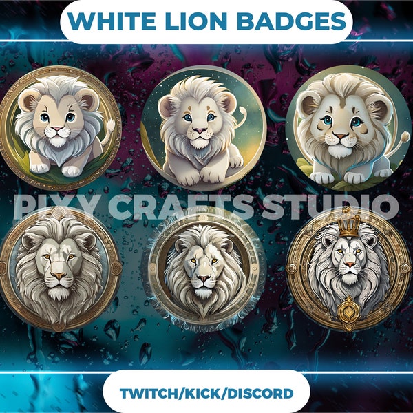 Badges Lion blanc / Badges Twitch Sub - Badges Bit pour streamers / Ensemble de 6 badges animaux.