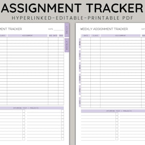 May include: A printable assignment tracker with two pages. The left page is for daily assignments and the right page is for weekly assignments. Both pages have sections for date, class, assignment, due date, and a check box for tracking. Both pages also have a section for upcoming tests and projects.