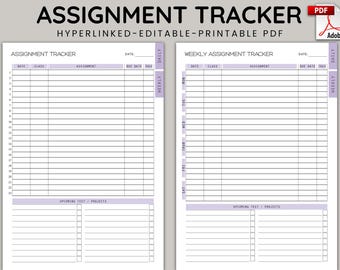 Weekly Assignment tracker,Daily assignment tracker,School Assignment Planner,Homework Organizer,Academic Study Tracker,Student Organizer PDF