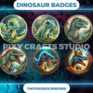 Op de afbeelding: Vijf kleurrijke ronde badges met verschillende dinosaurus illustraties. Elke badge heeft een donkerblauwe achtergrond met een witte rand en een witte tekst overlay die "Dinosaur Badges" luidt.