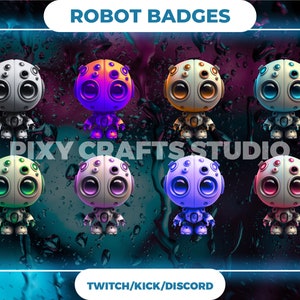 Pode incluir: Oito emblemas de robôs com luzes de diferentes cores. Os robôs são brancos com olhos pretos e uma boca preta. As luzes são vermelhas, laranja, amarelas, verdes, azuis, roxas, cor-de-rosa e azul-turquesa.