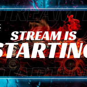 Könnte beinhalten: Eine schwarz-weiße Grafik mit dem Text "STREAM IS STARTING" in weißen Buchstaben auf einem roten und orangenen Hintergrund. Der Hintergrund ist ein verschwommenes Bild eines Autos mit Flammen.