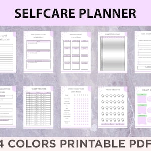 May include: Printable self-care planner with pages for daily gratitude, sleep tracking, mood tracking, weekly self-care checklist, brain dump, and weekly gratitude journal. The planner has a purple and white colour scheme with a polka dot pattern.