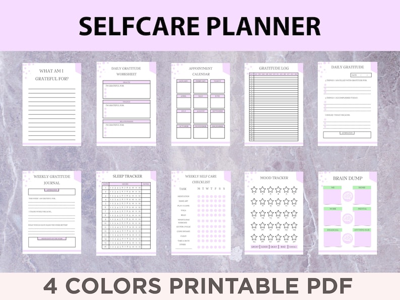 May include: Printable self-care planner with pages for daily gratitude, sleep tracking, mood tracking, weekly self-care checklist, brain dump, and weekly gratitude journal. The planner has a purple and white colour scheme with a polka dot pattern.