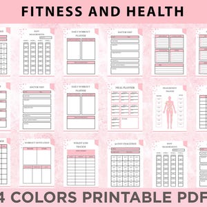 May include: Printable fitness and health planner pages with a pink background and black text. The pages include sections for daily workout planning, meal planning, grocery lists, doctor visits, medication tracking, and more.