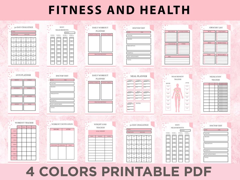 May include: Printable fitness and health planner pages with a pink background and black text. The pages include sections for daily workout planning, meal planning, grocery lists, doctor visits, medication tracking, and more.