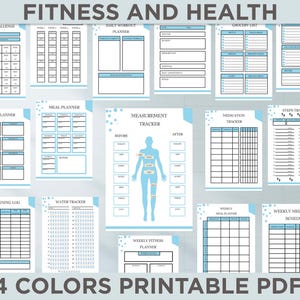 May include: Printable fitness and health planner pages in a blue and white colour scheme. The pages include a 30-day challenge, daily workout planner, meal planner, gym planner, measurement tracker, medication tracker, steps tracker, running log, water tracker, weekly fitness planner, weekly meal planner, and weekly medication schedule.