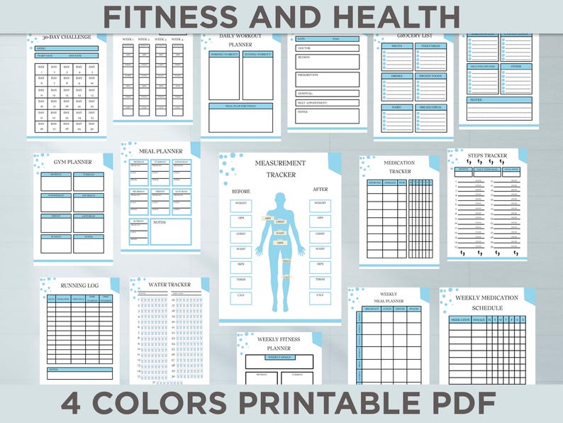 May include: Printable fitness and health planner pages in a blue and white colour scheme. The pages include a 30-day challenge, daily workout planner, meal planner, gym planner, measurement tracker, medication tracker, steps tracker, running log, water tracker, weekly fitness planner, weekly meal planner, and weekly medication schedule.