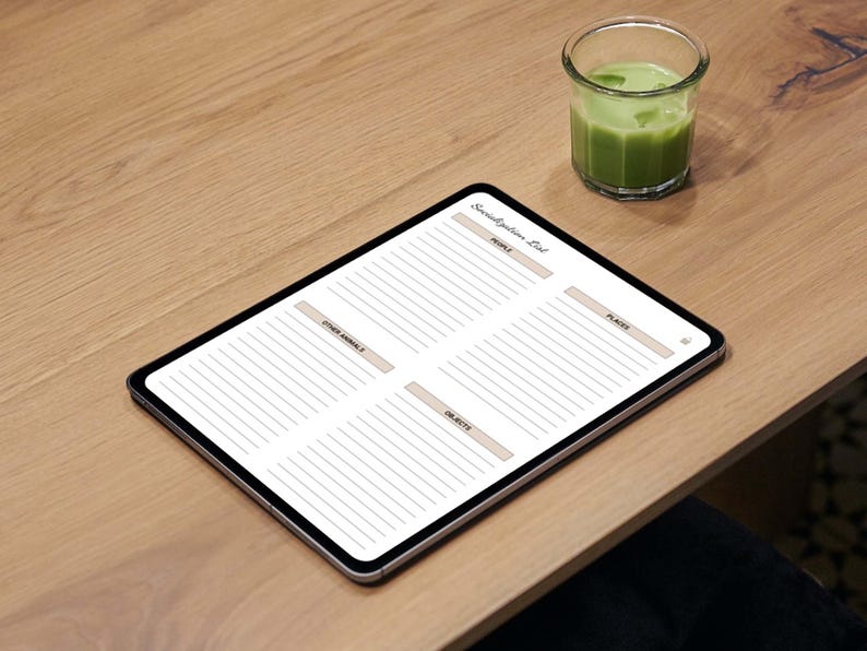 May include: A digital tablet with a white background and black border. The screen displays a "Socialization List" with four sections labeled "People", "Places", "Other Animals", and "Objects".