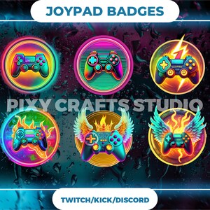 May include: Six colorful badges with a video game controller design. The badges have a neon glow and feature flames, wings, and lightning bolts. The text "JOYPAD BADGES" is at the top of the image and "TWITCH/KICK/DISCORD" is at the bottom.