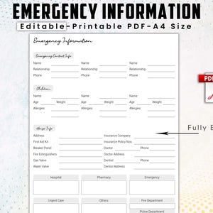 Emergency information template,family emergency plan,medical emergency contact form,emergency preparedness sheet,emergency contact organize