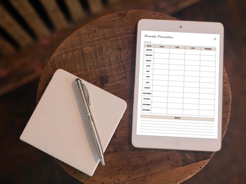 May include: A printable parasite prevention tracker with a white background and black text. The tracker includes a column for the date, flea, tick, lice, and worming. There is also a notes section at the bottom.