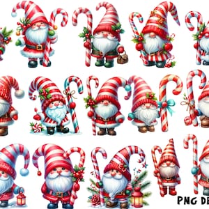 Candy Cane Gnome Clipart,High-Quality 300 DPI PNGs Commercial Use,Watercolor Candy Cane Clipart,Christmas PNG Sweets And Treats Clipart