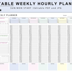 May include: A printable weekly planner with hourly time slots from 6:00 AM to 10:30 PM. The planner has sections for weekly priorities, tasks, and habits. It also includes a calendar for the month and space for notes.