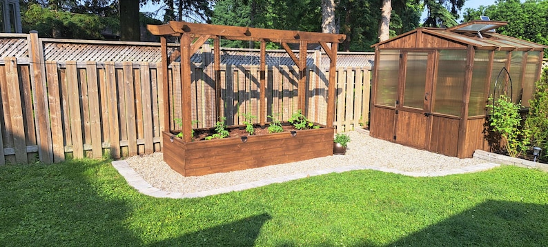 May include: A wooden raised garden bed with a trellis, filled with young plants, sits on a gravel base. A wooden greenhouse is to the right, and a wooden fence is in the background. The scene is set in a well-maintained backyard.
