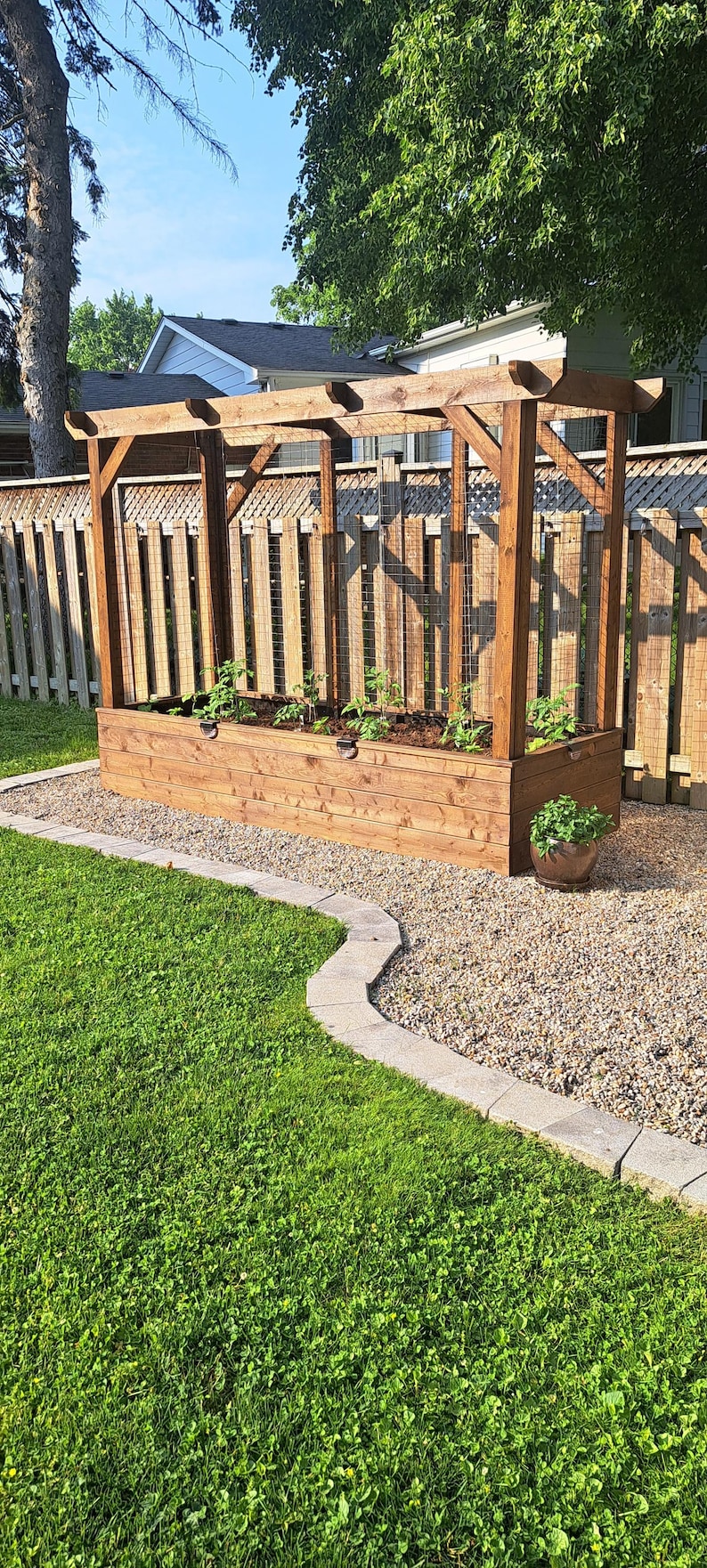May include: A wooden garden planter with a trellis, filled with soil and young plants. The structure is stained a warm brown and sits on a bed of gravel, bordered by a stone walkway and green grass.
