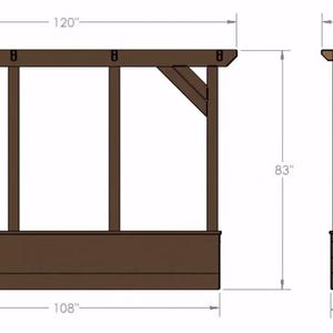 May include: Diagram of a wooden pergola with dimensions. The pergola is 120 inches wide, 83 inches tall, and 46 inches deep. The base is 108 inches wide. The side view shows a width of 39.5 inches.