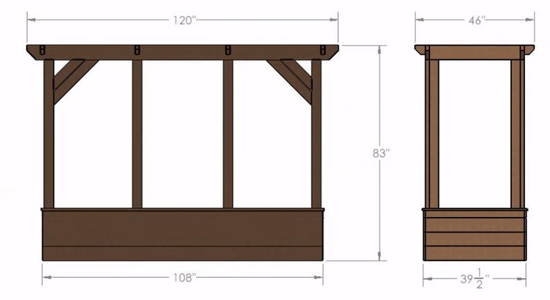 May include: Diagram of a wooden pergola with dimensions. The pergola is 120 inches wide, 83 inches tall, and 46 inches deep. The base is 108 inches wide. The side view shows a width of 39.5 inches.
