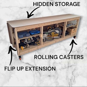 Folding Workbench DIY Plans | Hidden Storage | Transforming Work Table | Rolling bench | Mitre saw table | Garage shelving | Garage Storage