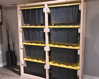 Tote Storage Rack - DIY Plans - 27 Gallon/ 102L Totes | Garage Organization | Basement Storage| Tool compartments | Decoration Storage