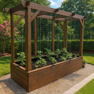 May include: A wooden raised garden bed with a trellis, filled with soil and young plants. The structure is stained a warm brown and sits on a gravel pathway, surrounded by green grass and trees.