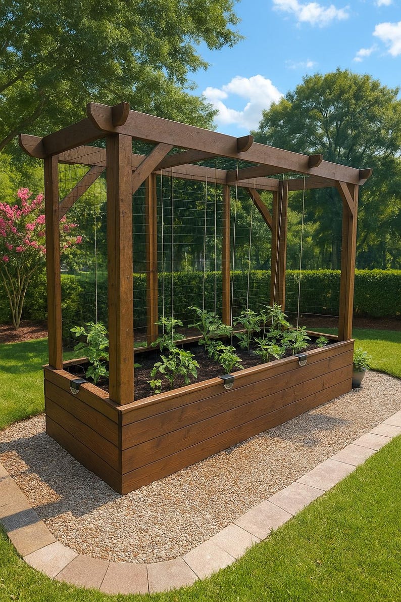 May include: A wooden raised garden bed with a trellis, filled with soil and young plants. The structure is stained a warm brown and sits on a gravel pathway, surrounded by green grass and trees.