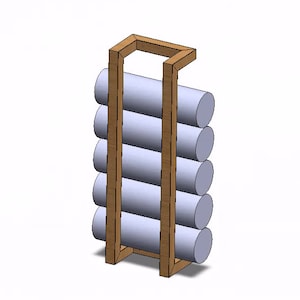 May include: A wooden rack with five gray cylindrical objects stacked inside. The rack is made of brown wood and has a rectangular shape.
