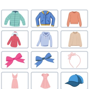 May include: A set of 15 illustrations of clothing and accessories, including a blue hooded sweatshirt, a pink dress, a red baseball cap, a blue beanie, and a pink bow.