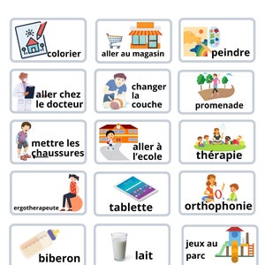 Op de afbeelding: Een verzameling geïllustreerde kaarten met verschillende activiteiten en objecten. De kaarten bevatten afbeeldingen van kleuren, naar de winkel gaan, schilderen, dokter bezoeken, luiers verschonen en meer. De tekst "AUTISME SOLUTIONS" staat onderaan.