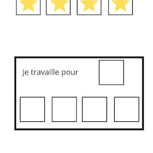 Peut inclure: Fond blanc avec quatre étoiles jaunes dans des carrés noirs en haut. En dessous, un rectangle noir contient le texte "Je travaille pour" et plusieurs carrés vides. Le texte "AUTISME SOLUTIONS" est en bas.